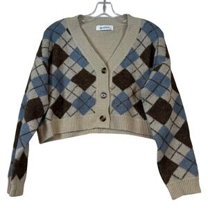 Argyle Cardigan Sweater Womens •L• Blue Brown Tan Cropped V-Neck Knit Y2K Retro